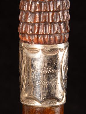 Victorian cane with a full carved wooden Lady wearing a bustle_f