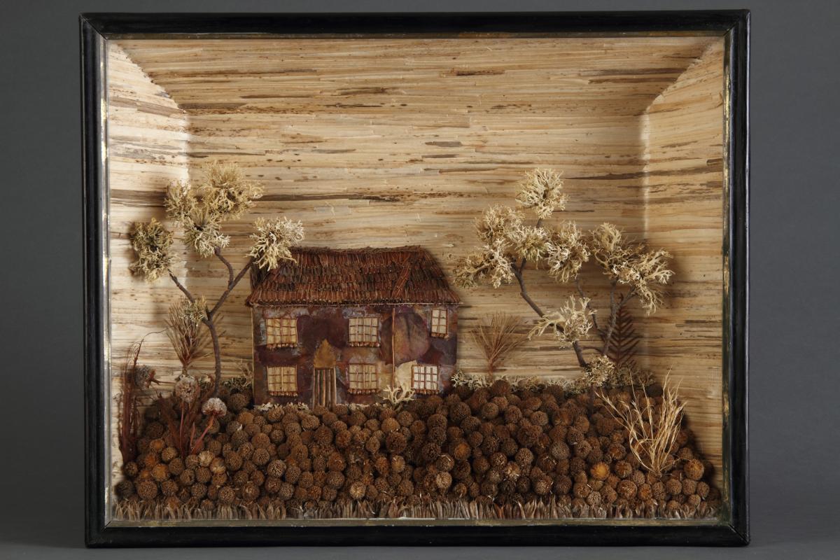 American Folk Art Diorama Depicting a Pennsylvania Homestead  Constructed of straw, seeds, lichen, twigs and grass