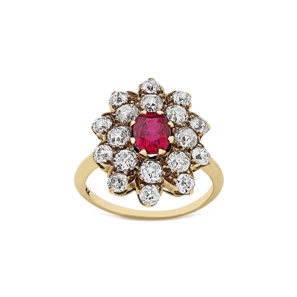 Natural Burma ruby and diamond cluster ring