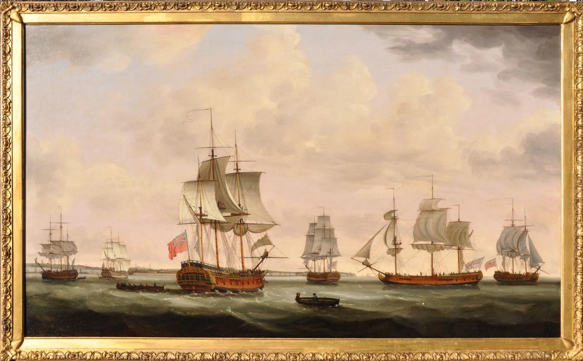 Francis Holman 1729 - 1790, East Indiamen Assembling Off The Coast With The Earl Of Effingham, The Beckford And The Land Overly In The Foreground