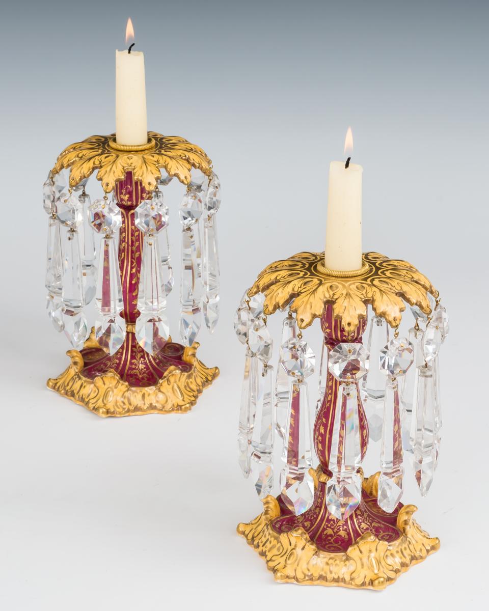 A Fine Pair of Rockingham Porcelain Candlesticks, English Circa 1830