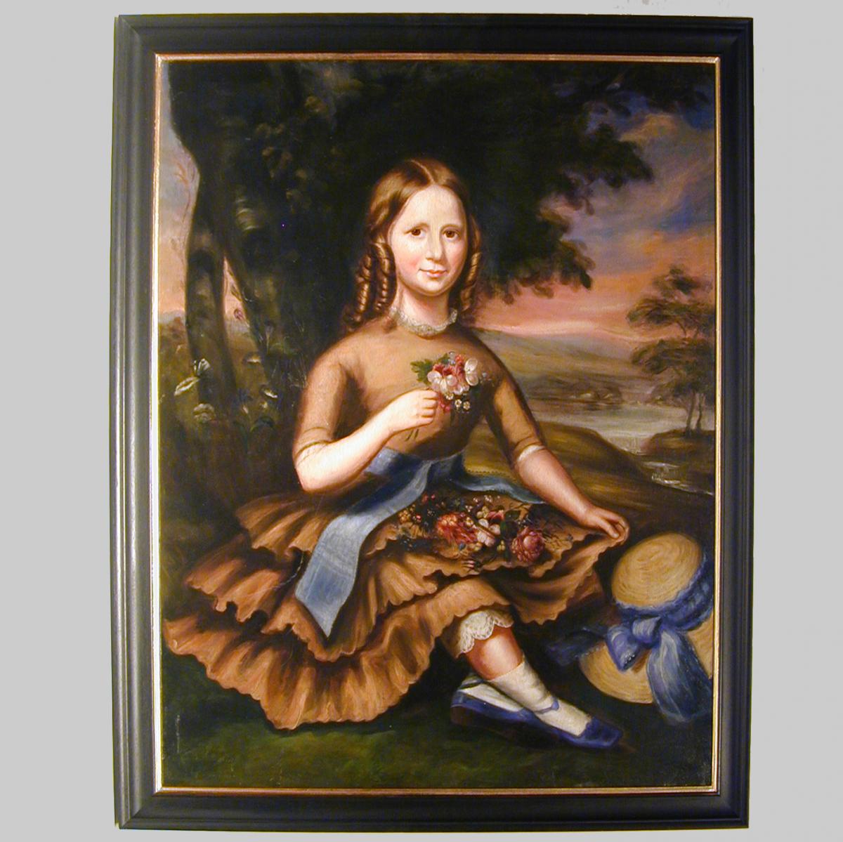 19th century primitive portrait of a girl with posy