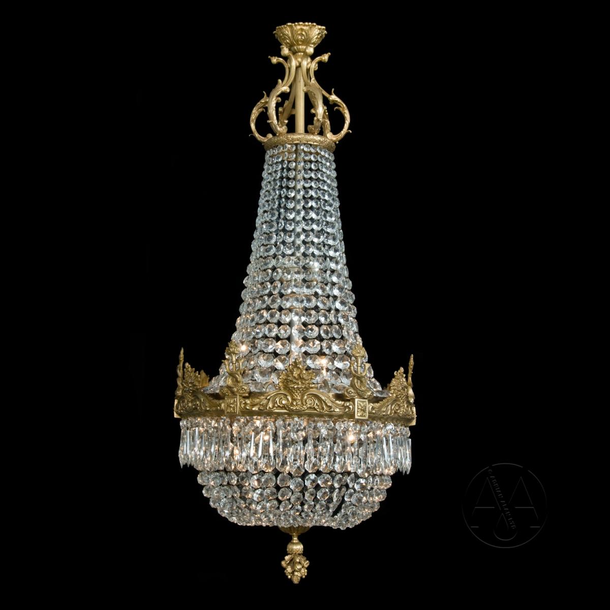 A Fine Gilt-Bronze Cut-Glass Tent and Bag Chandelier With Finely Cast Entwined Dolphins