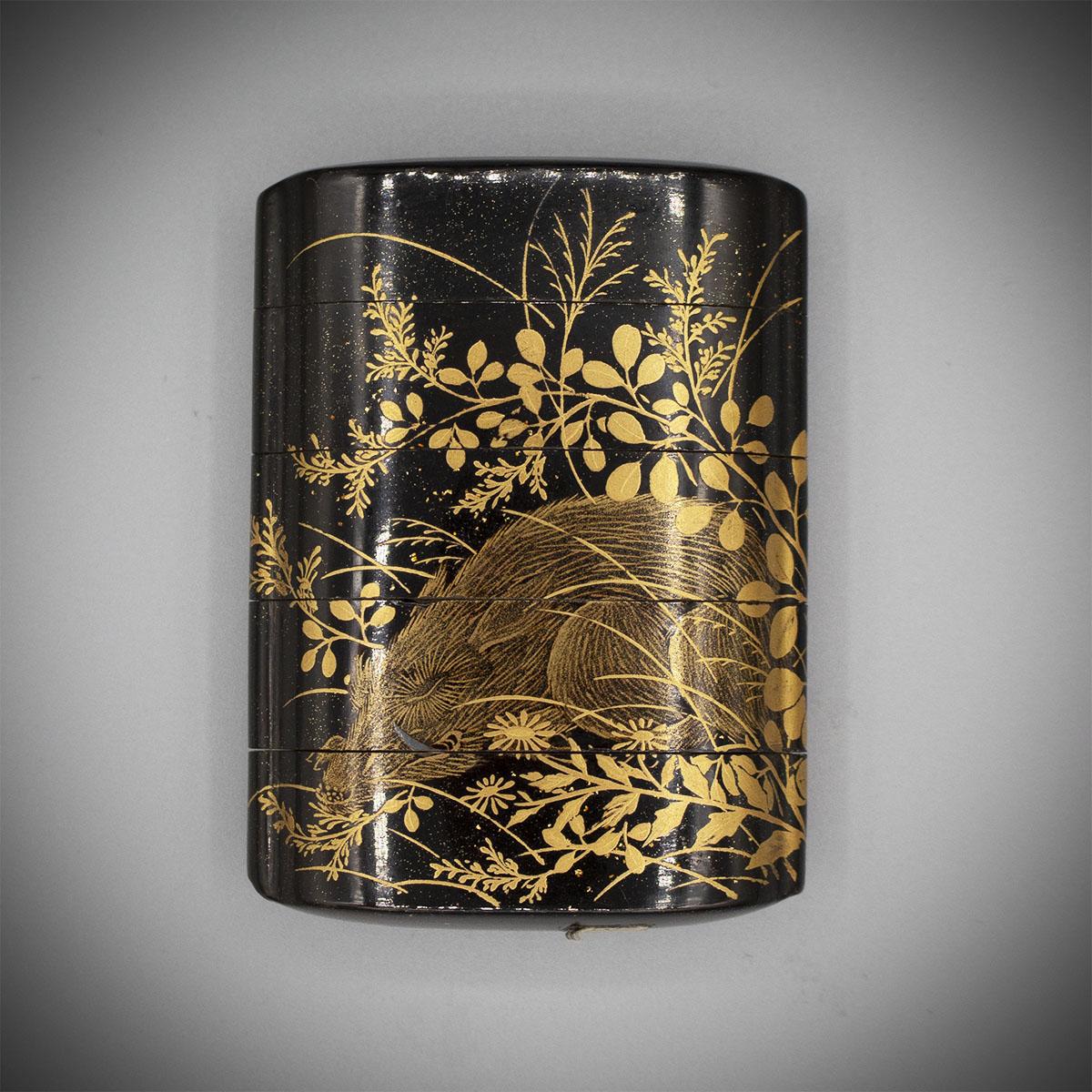 Small Four-Case Roiro Lacquer Inro with a Sleeping Boar by Shunsho