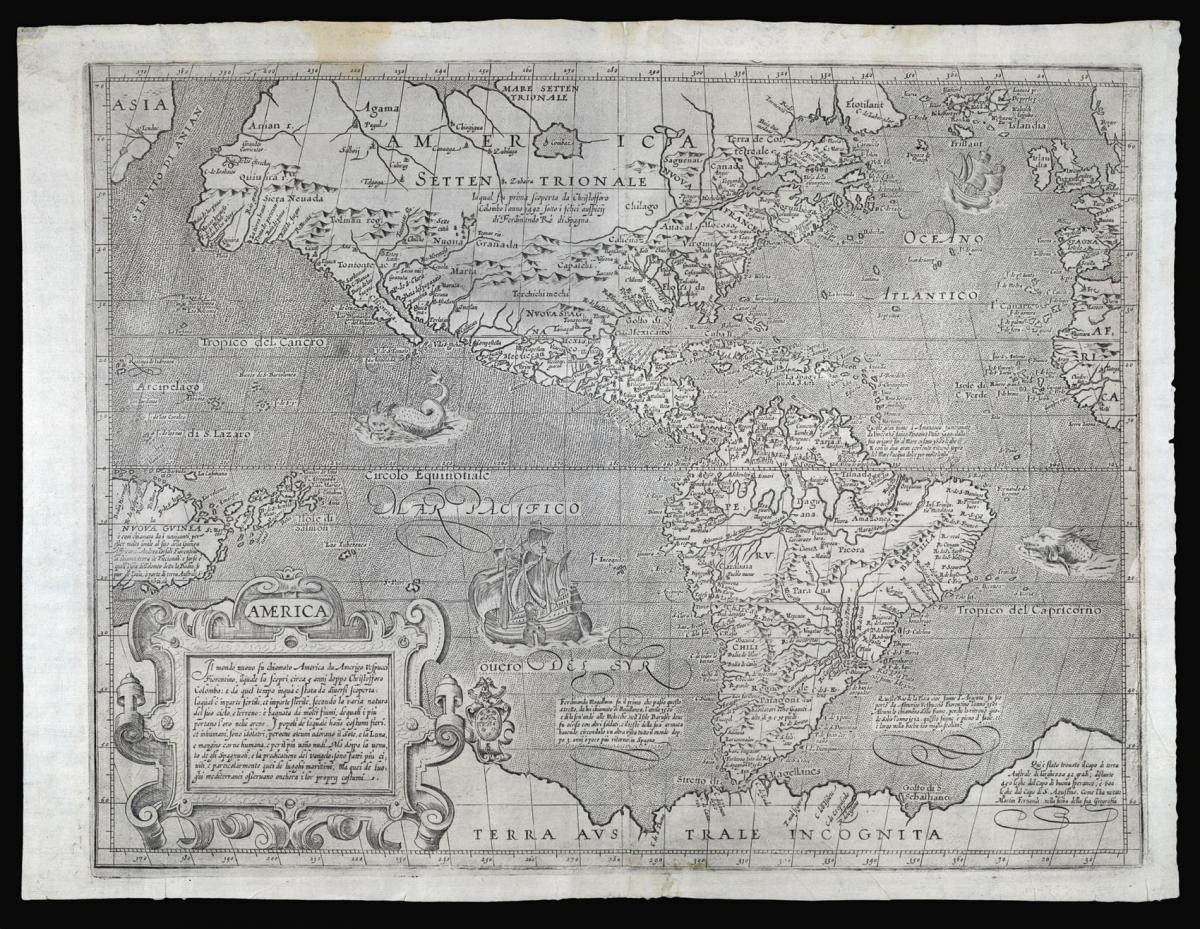 Arnoldi's separately-published map of the Americas, with the thumb print of the printer!
