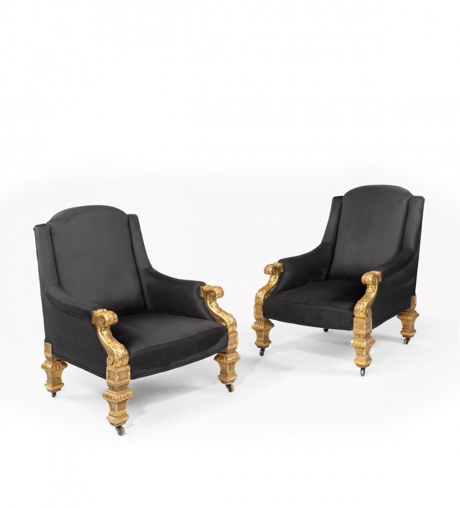 A Pair of Holland and Sons 19th Century Giltwood Armchairs