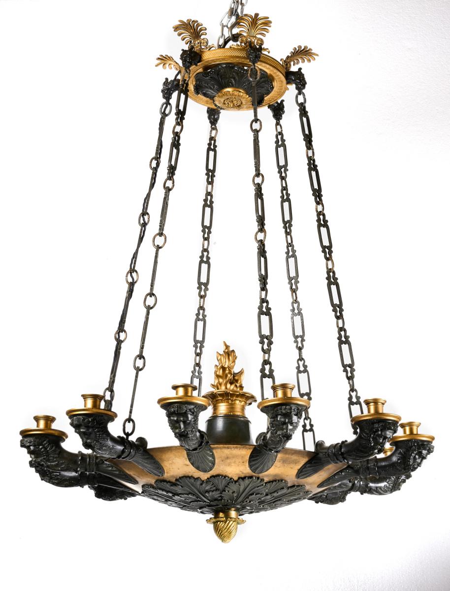 Fine Quality Patinated and Gilt Bronze French Empire 12 Branch Chandelier