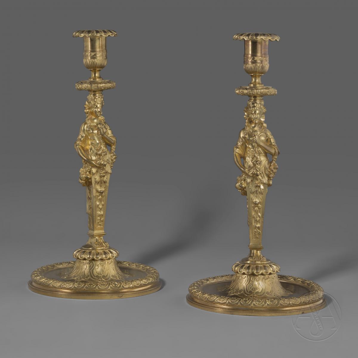 Pair of Louis XIV Style Gilt-Bronze Figural Candlesticks