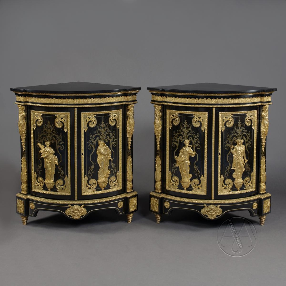 Louis XIV Style Boulle Marquetry Inlaid Corner Cabinets