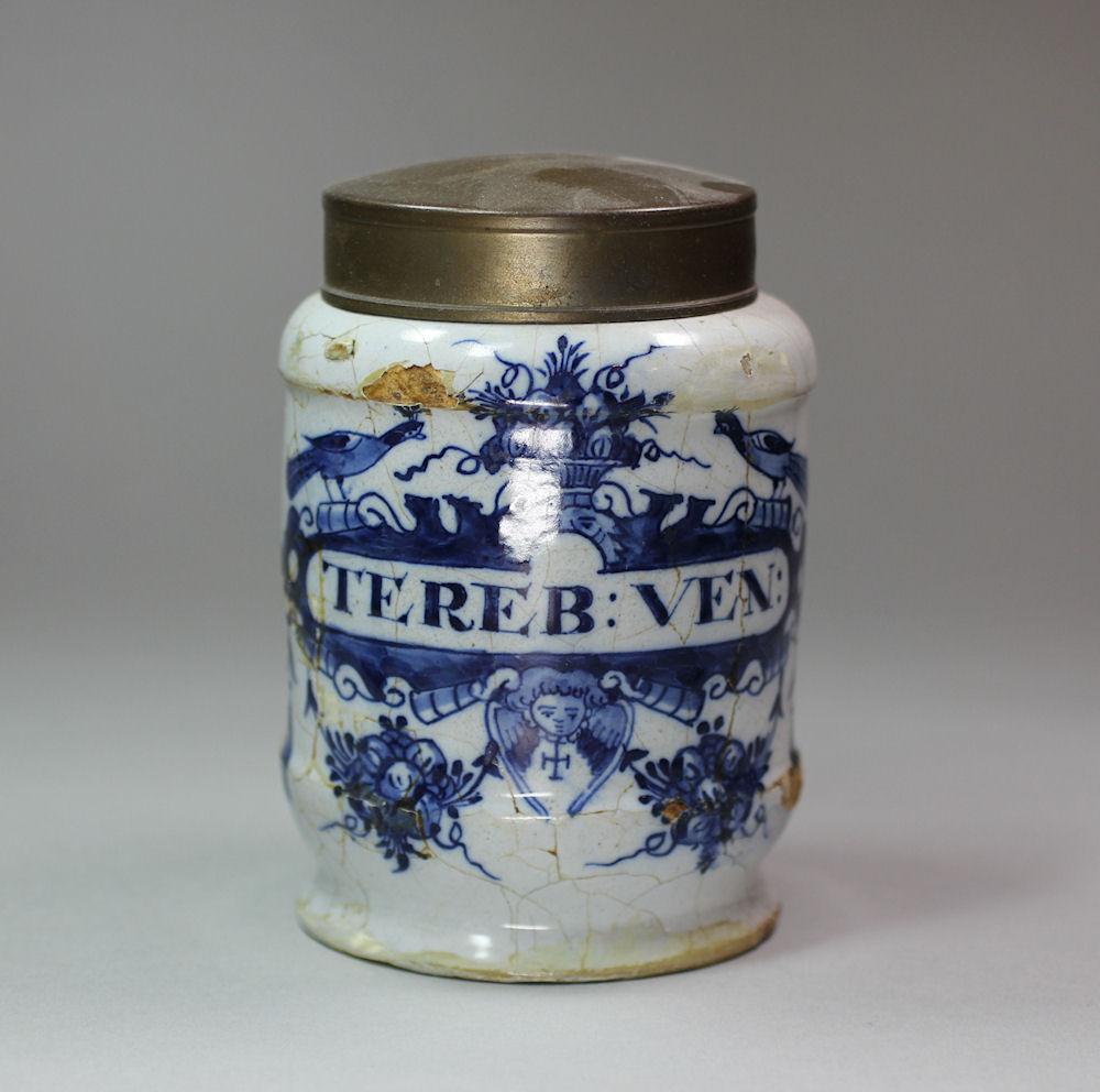 Dutch delft drug jar, 18th century, with cartouche