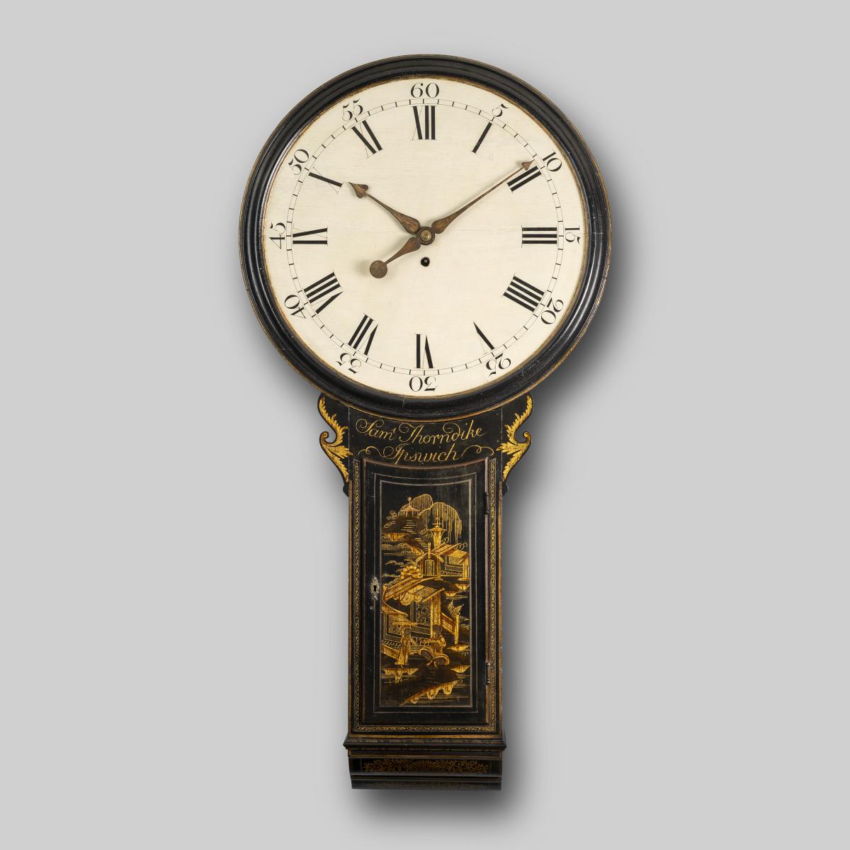 18th Century Antique Chinoiserie Tavern Wall Clock by Samuel Thorndike, Ipswich