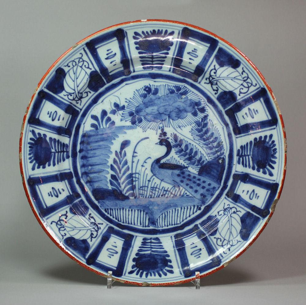 Dutch Delft Dish 18th century, decorated with a peacock