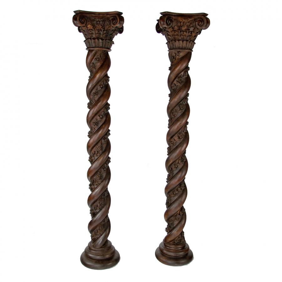 Magnificent Pair of 7ft Victorian Twisted Carved Corinthian Columns