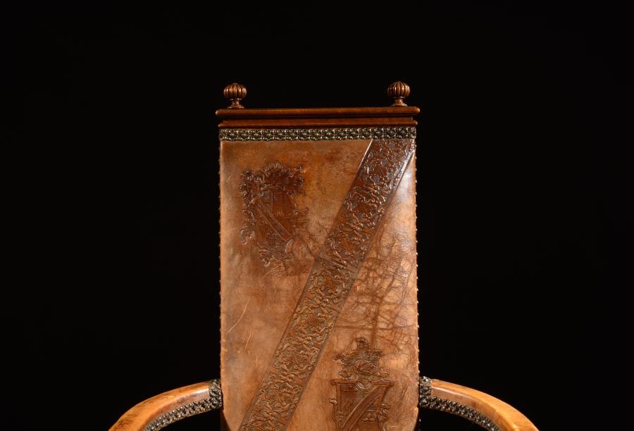 Unusual Spanish Embossed Leather Walnut Open Armchair