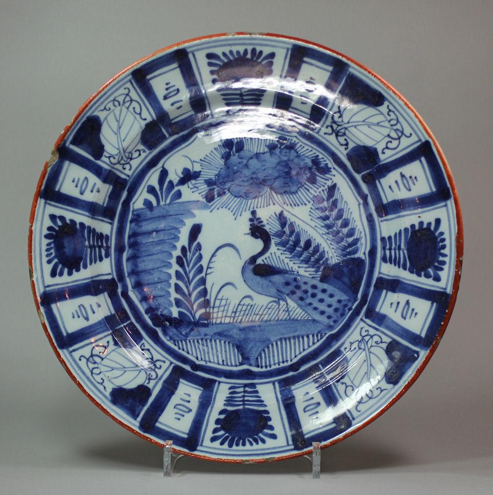 Dutch Delft Dish, 18th century, decorated with a peacock