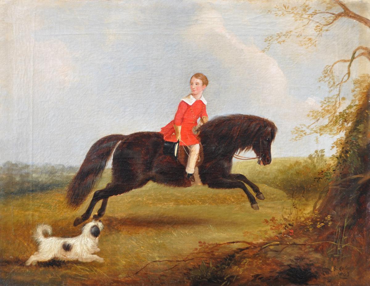 GEORGE COLE A portrait of a boy on his pony, a terrier running beside 