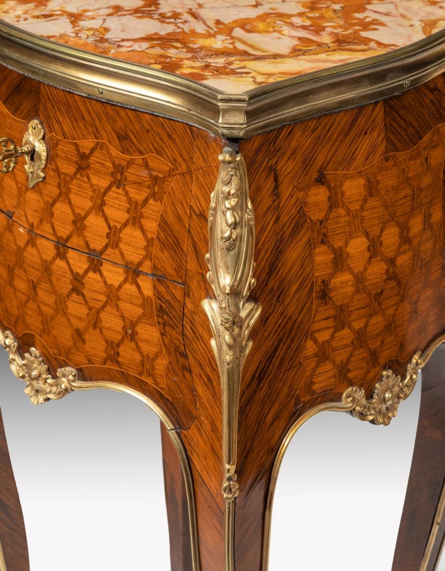Stamped Gillows A Pair of French Ormolu Mounted Rosewood and Kingwood Parquetry Bedside Tables