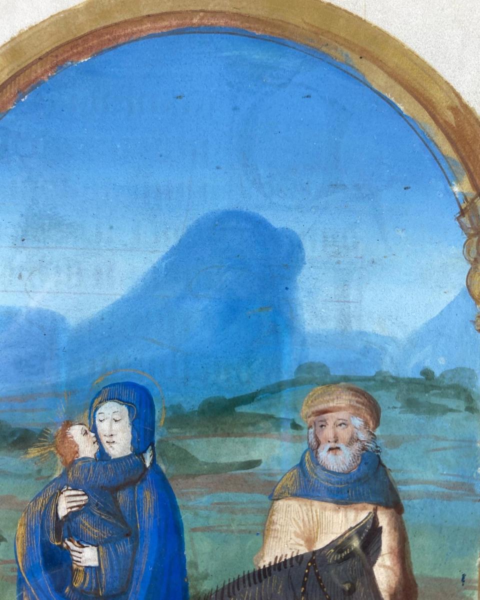 Flight into Egypt manuscript page. French, possibly Paris, early 16th century