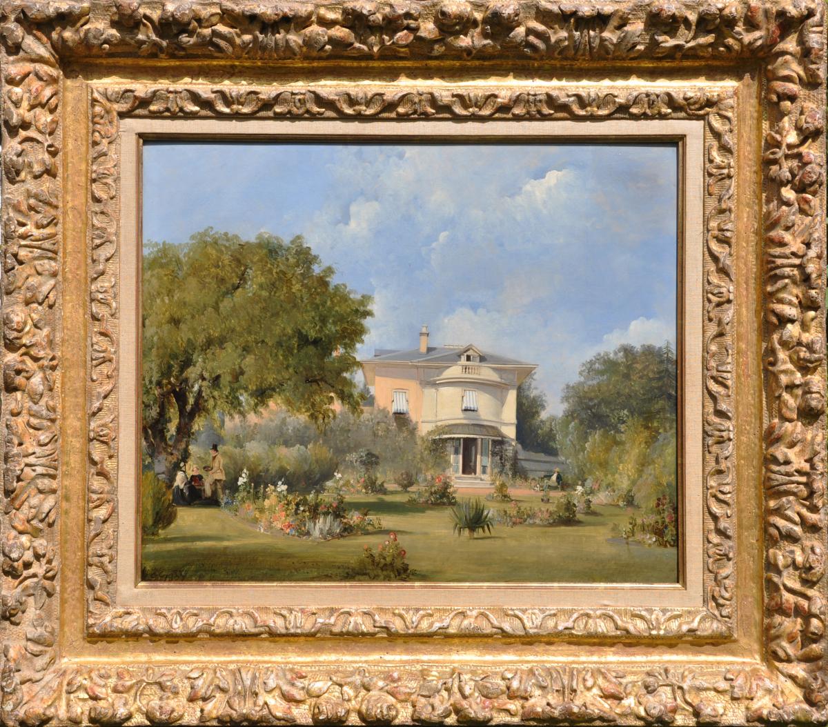 George Chambers Snr. OWCS, The artist with family and friends in the garden of a Regency villa