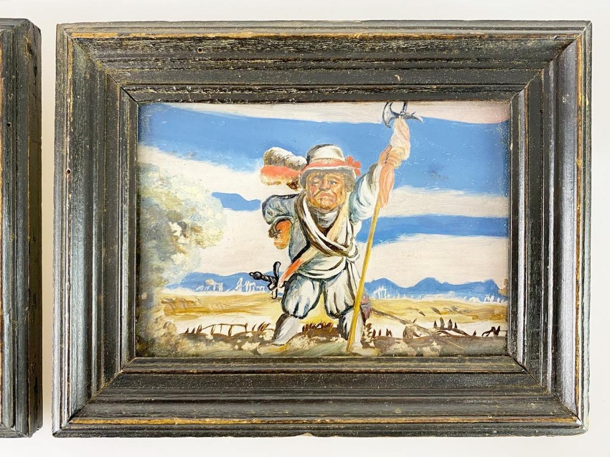 Reverse glass paintings of dwarf soldiers. French, late 18th century