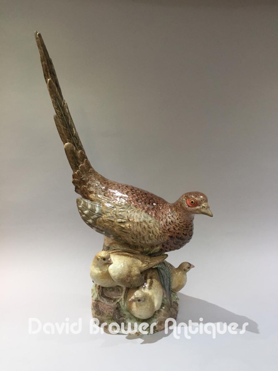 Large German Meissen porcelain sculptural group of pheasant and chicks