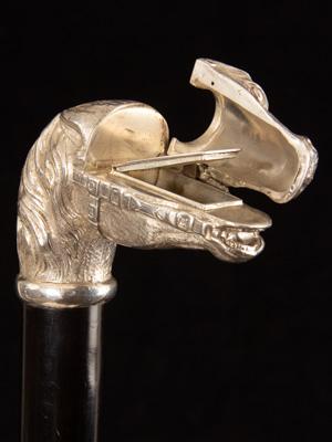 Rare silver vesta and striker horse head handle cane_a