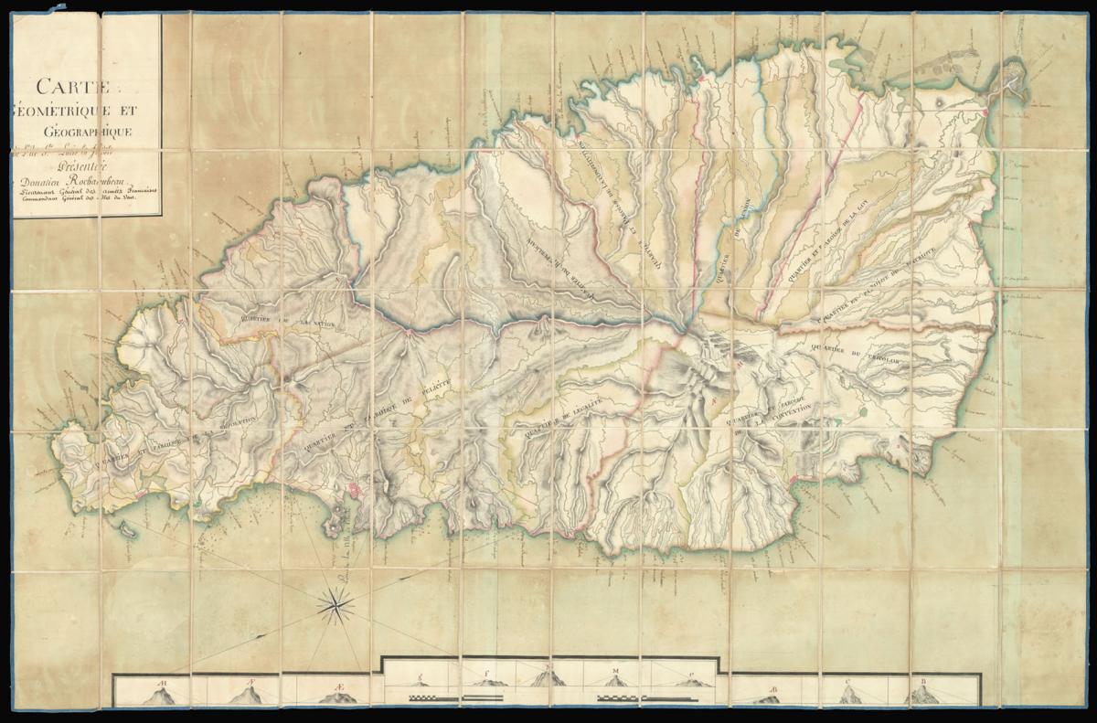 Large manuscript map of St Lucia from the library of Donatien-Marie-Joseph de Vimeur, vicomte de Rochambeau
