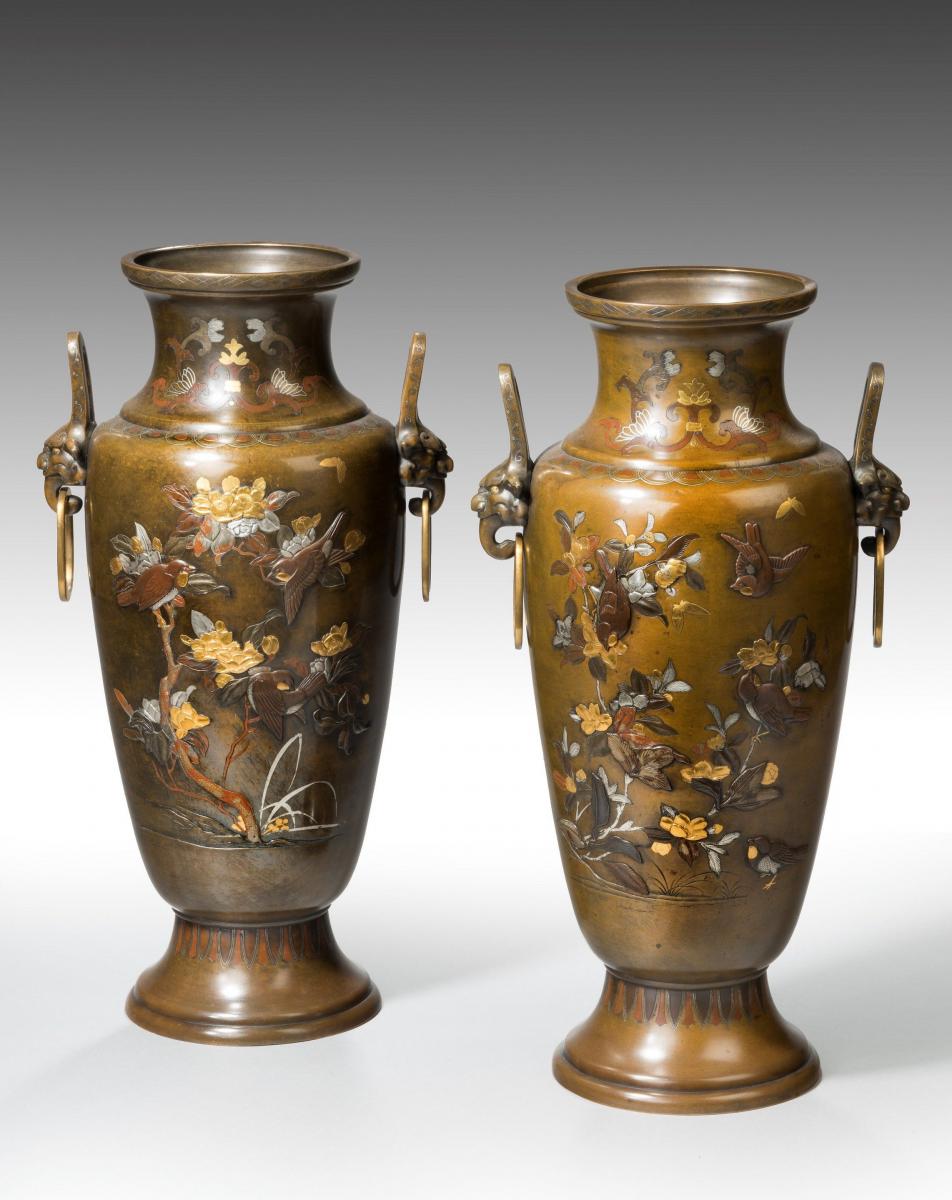 A large pair of mixed metal Meiji Period vases