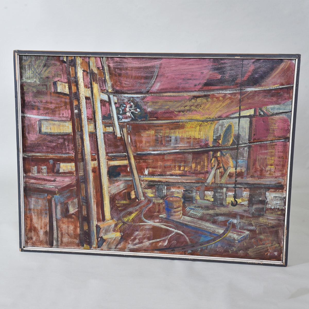 Large Oil on Canvas of a Shipyard Workshop