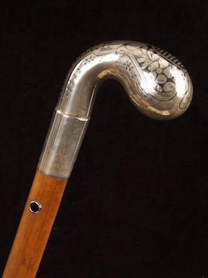 Silver and niello pistol-grip handled malacca cane_a