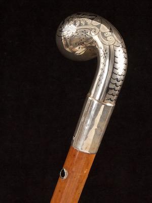 Silver and niello pistol-grip handled malacca cane_d