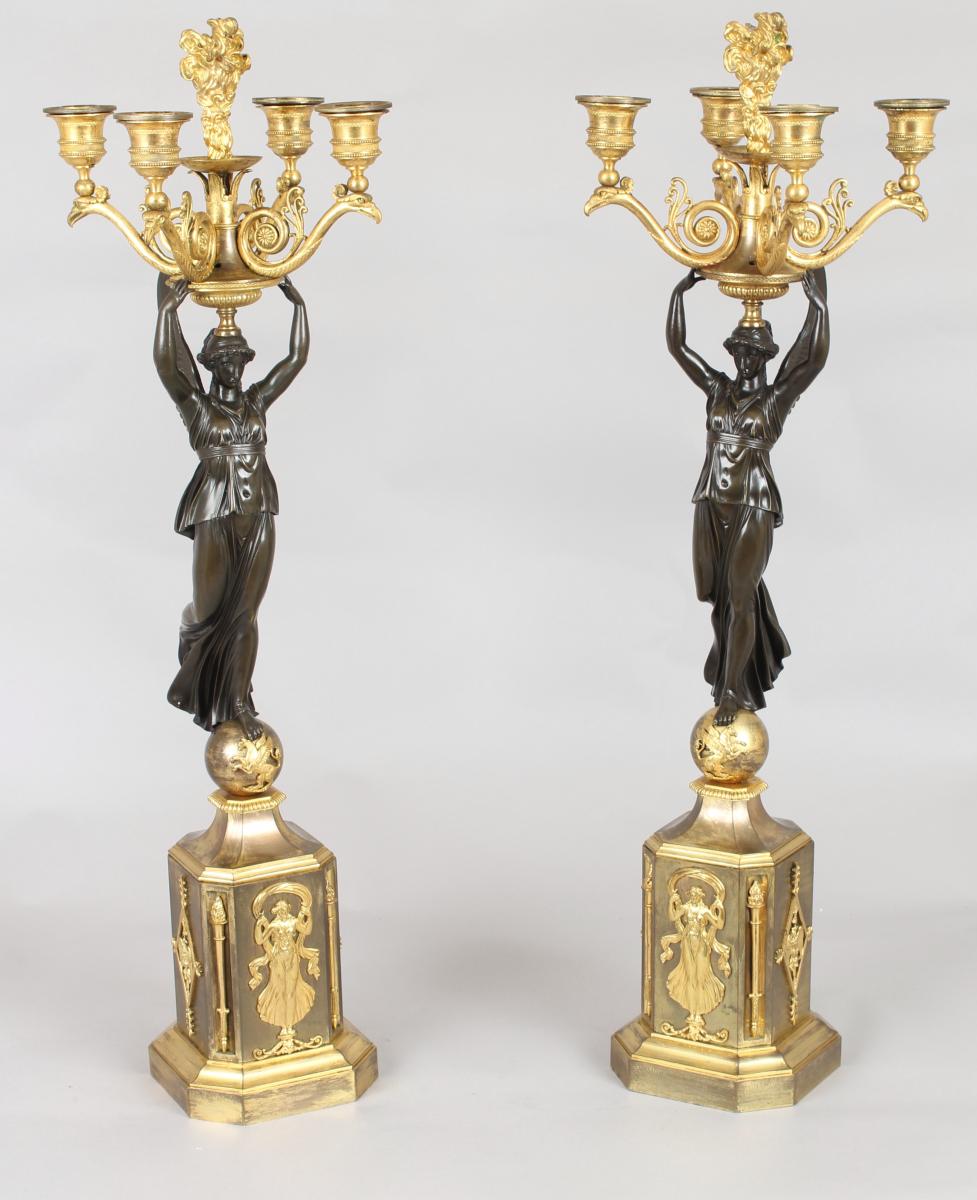 Pair of fine French bronze and ormolu five-light candelabra
