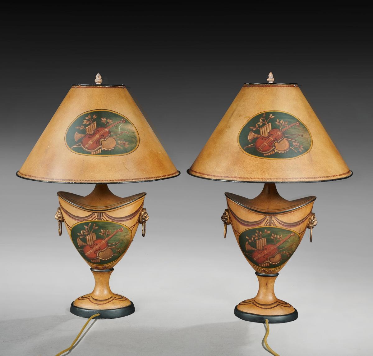 Pair of 20th Century Urn Shaped Toleware Lamps With A Musical Theme