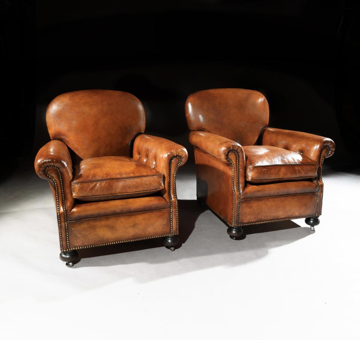 Pair of Antique Leather Club Armchairs
