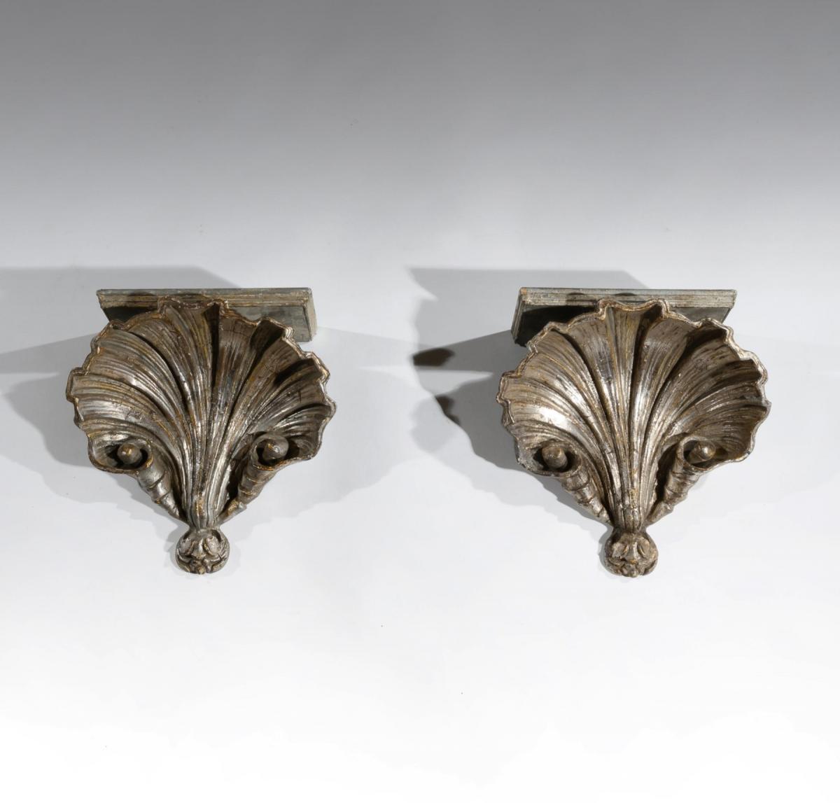 Decorative Pair of Silver Gilt Italian Shell Form Wall Brackets