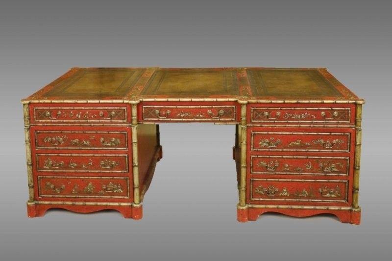 Magnificent large English library pedestal partners desk with chinoiserie decoration overall