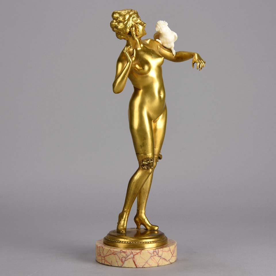 Art Deco Gilt Bronze & Hand Carved Ivory Figure 'Femme avec Perroquet' by Honore Keck
