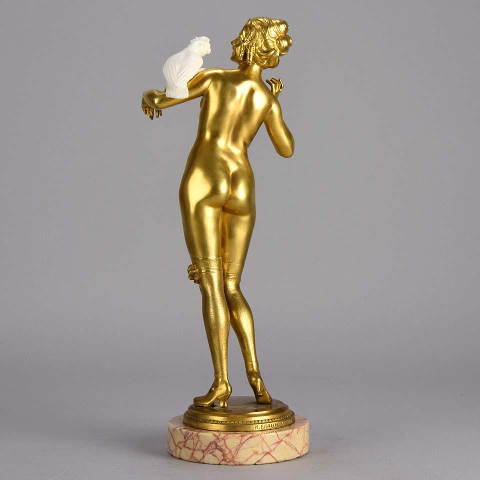 Art Deco Gilt Bronze & Hand Carved Ivory Figure 'Femme avec Perroquet' by Honore Keck