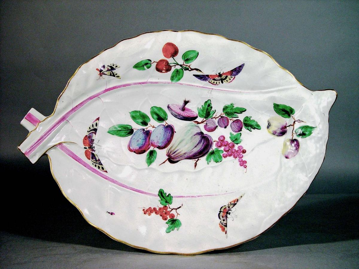 First Period Worcester Porcelain Large Leaf Dish, Probably painted by James Giles or another outside decorator in London, Circa 1770.