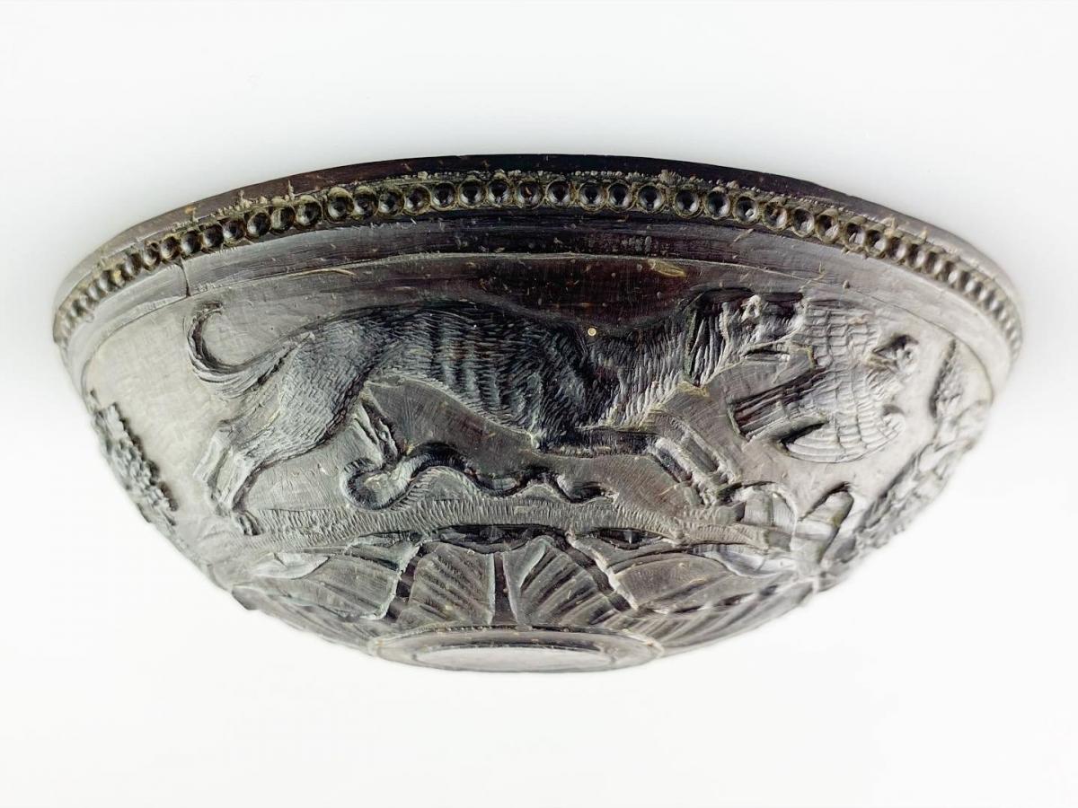 Coconut stirrup cup with dogs. French, late 18th century