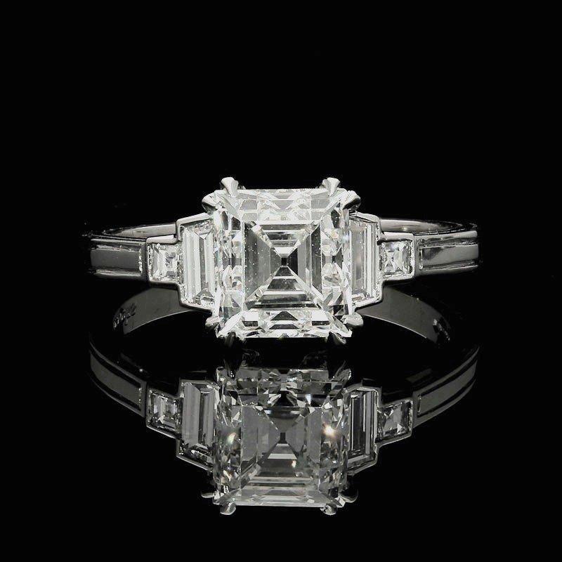 1.88ct Vintage carré cut diamond ring with stepped diamond-set shoulders and platinum mount