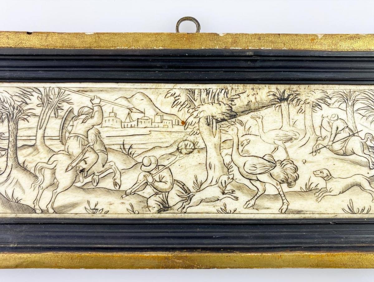 Bone panel of an Ostrich hunt. German, early 17th century