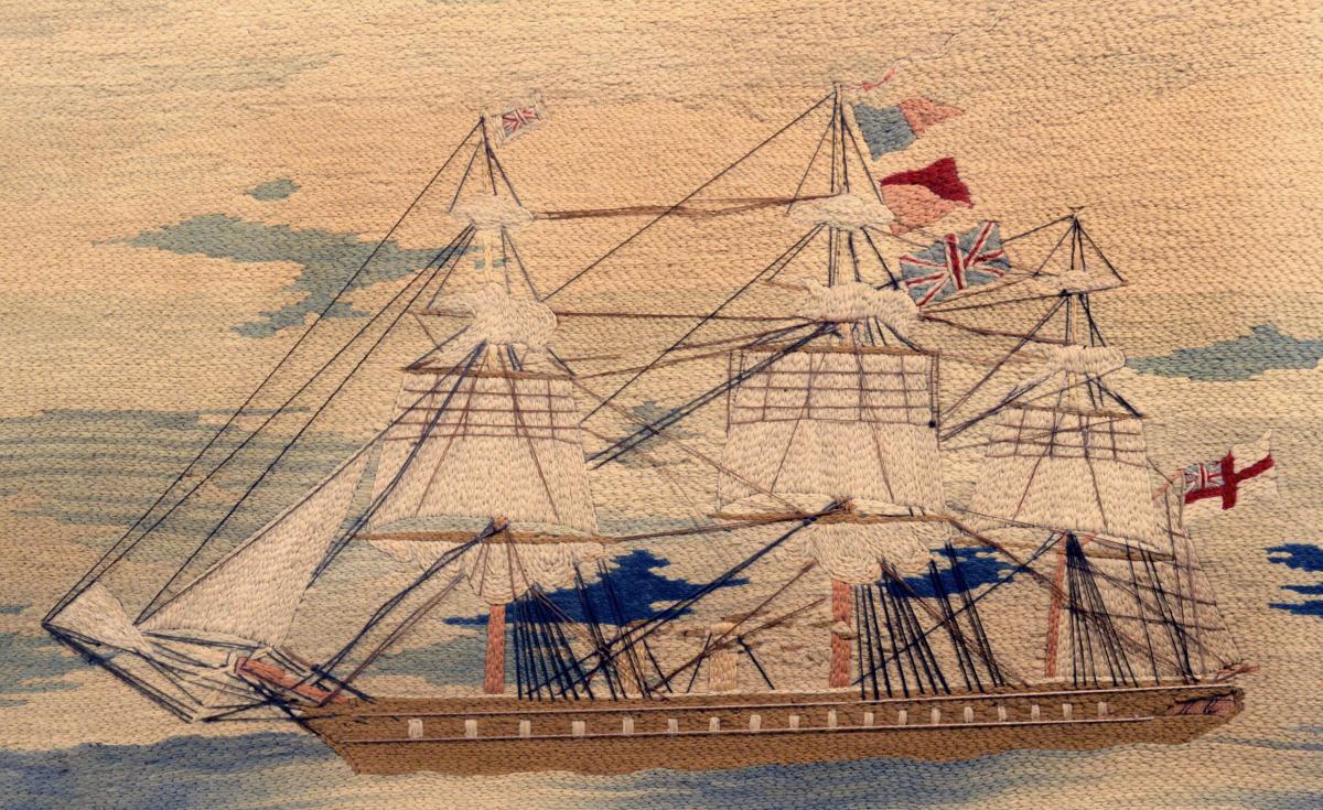 Unusual Sailor's Woolwork (Woolie) of Two Royal Navy Ships,   Titled "Wood versus Iron",   Circa 1865 
