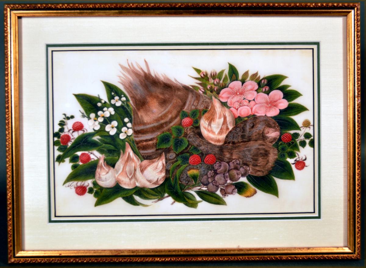 China Trade Gouache Still Life of Fruit & Flowers on Pith Paper,   Signed Sunqua