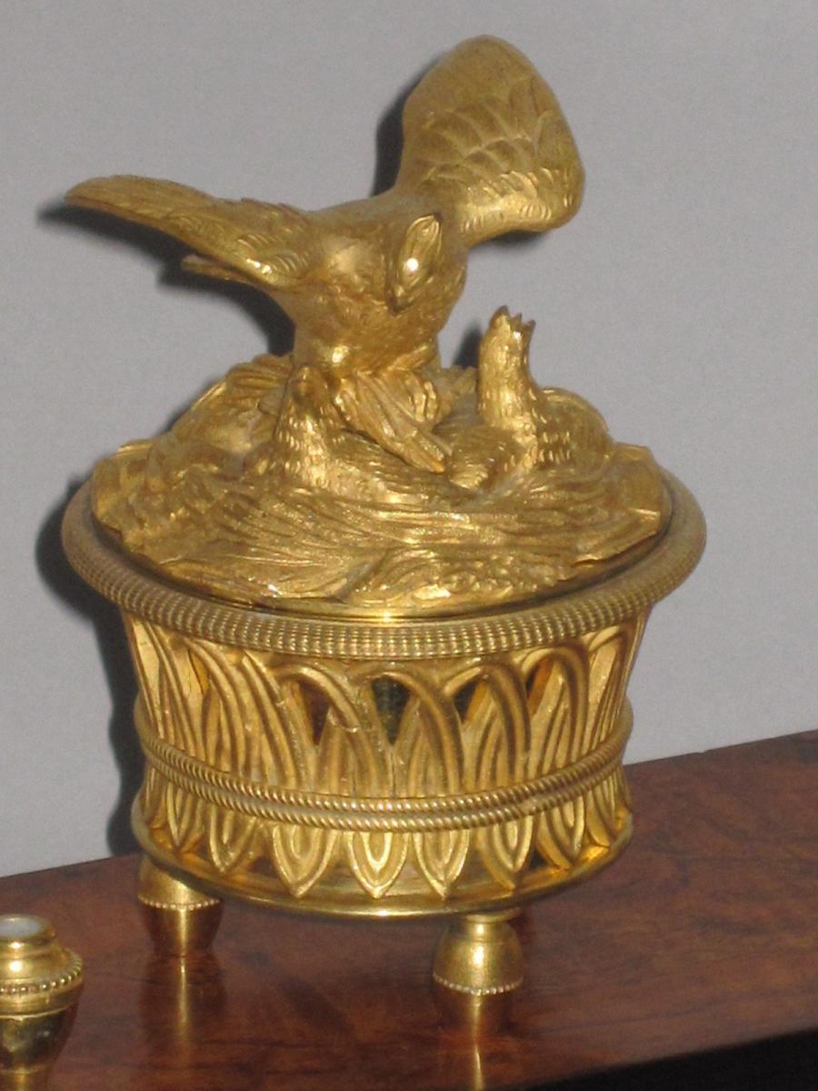 AN EMPIRE PERIOD ROSEWOOD & ORMOLU MOUNTED INK STAND. FRENCH, CIRCA 1825