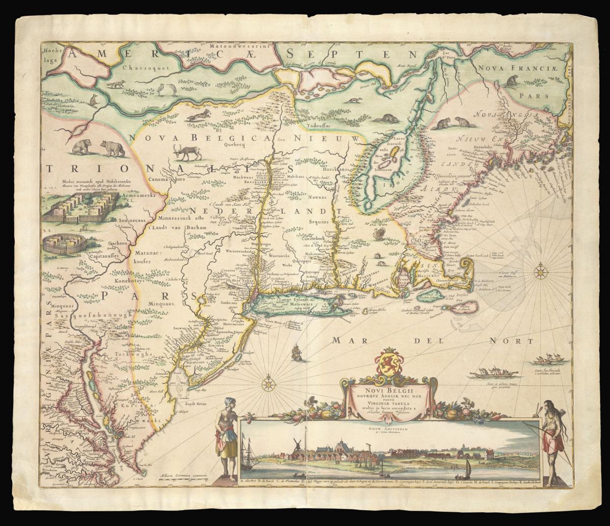 The Dutch and English colonies in Northeast America, with an iconic view of 'New Amsterdam'