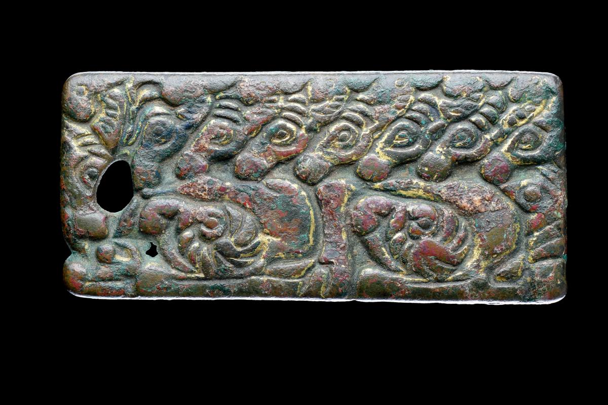 Ancient Chinese Gilt Bronze Rectangular Plaque Cast with a Row of Antelope