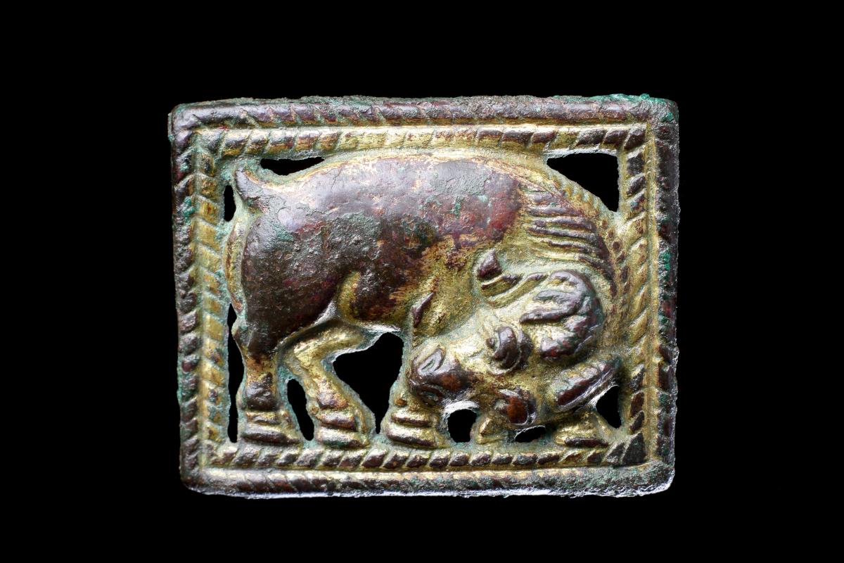 Ancient North West Chinese Gilded Bronze Open Work Mirroring Belt Plaques
