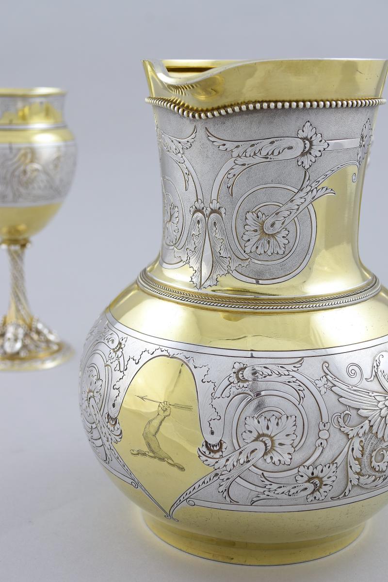 Parcel-gilt sterling silver ewer and pair of goblets