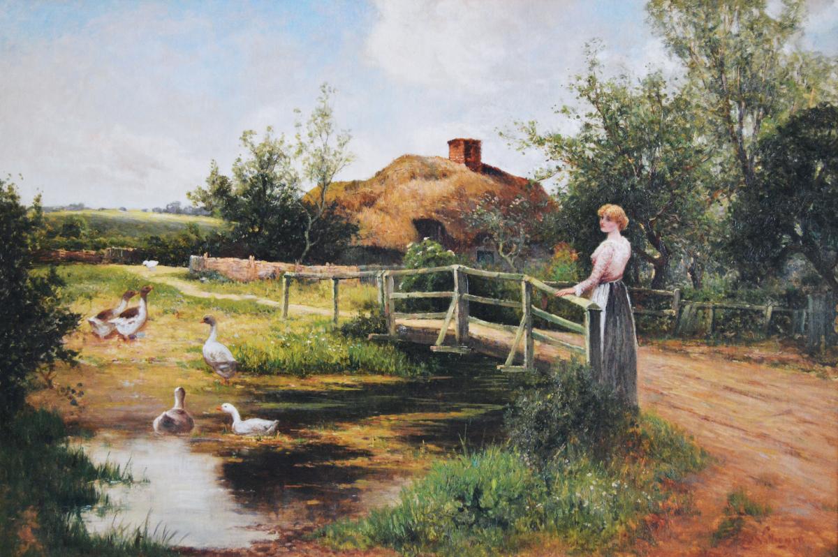 Genre oil painting of a women by a pond by Ernest Walbourn